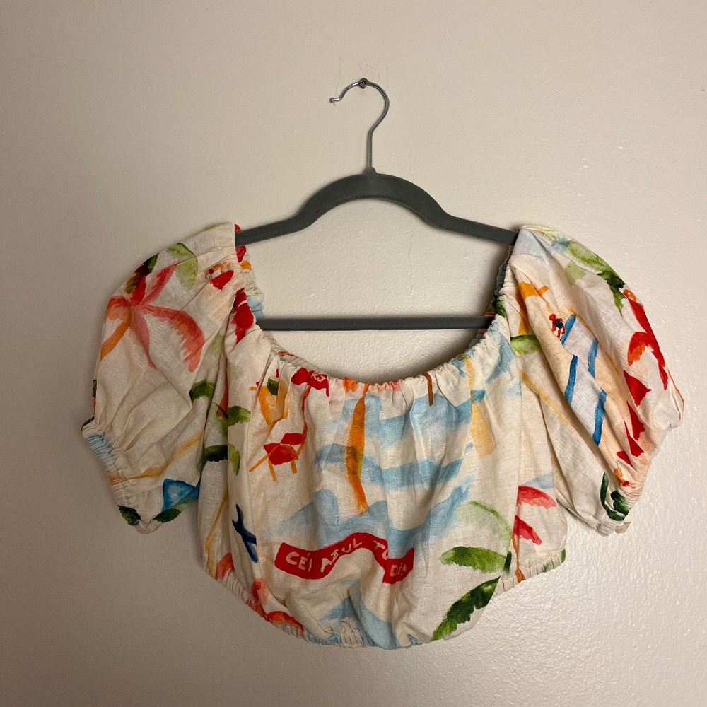 Farm Rio Watercolor Print Puff-Sleeve Crop Top
